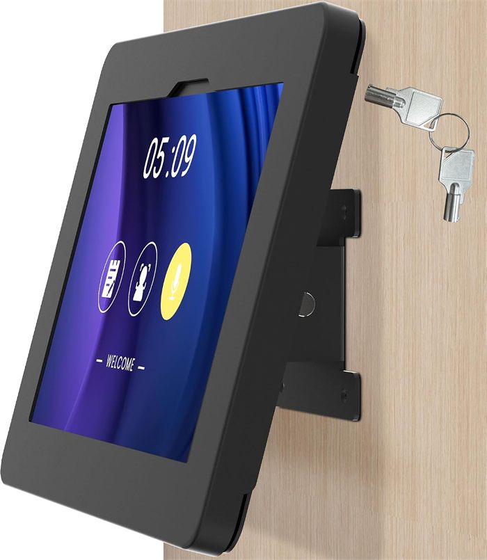 Lockable steel tablet wall mount with key, wall bracket and tilt adjustment